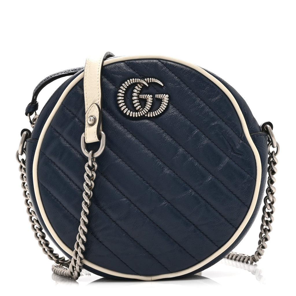 Gucci Azalea Calfskin Matelasse Diagonal Mini Torchon GG Marmont Round Shoulder Bag Blue Agata Mystic White