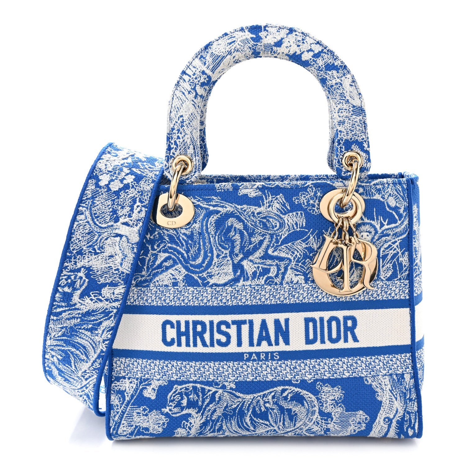 Christian Dior Canvas Toile De Jouy Reverse Embroidered Medium Lady D-Lite Fluorescent Blue