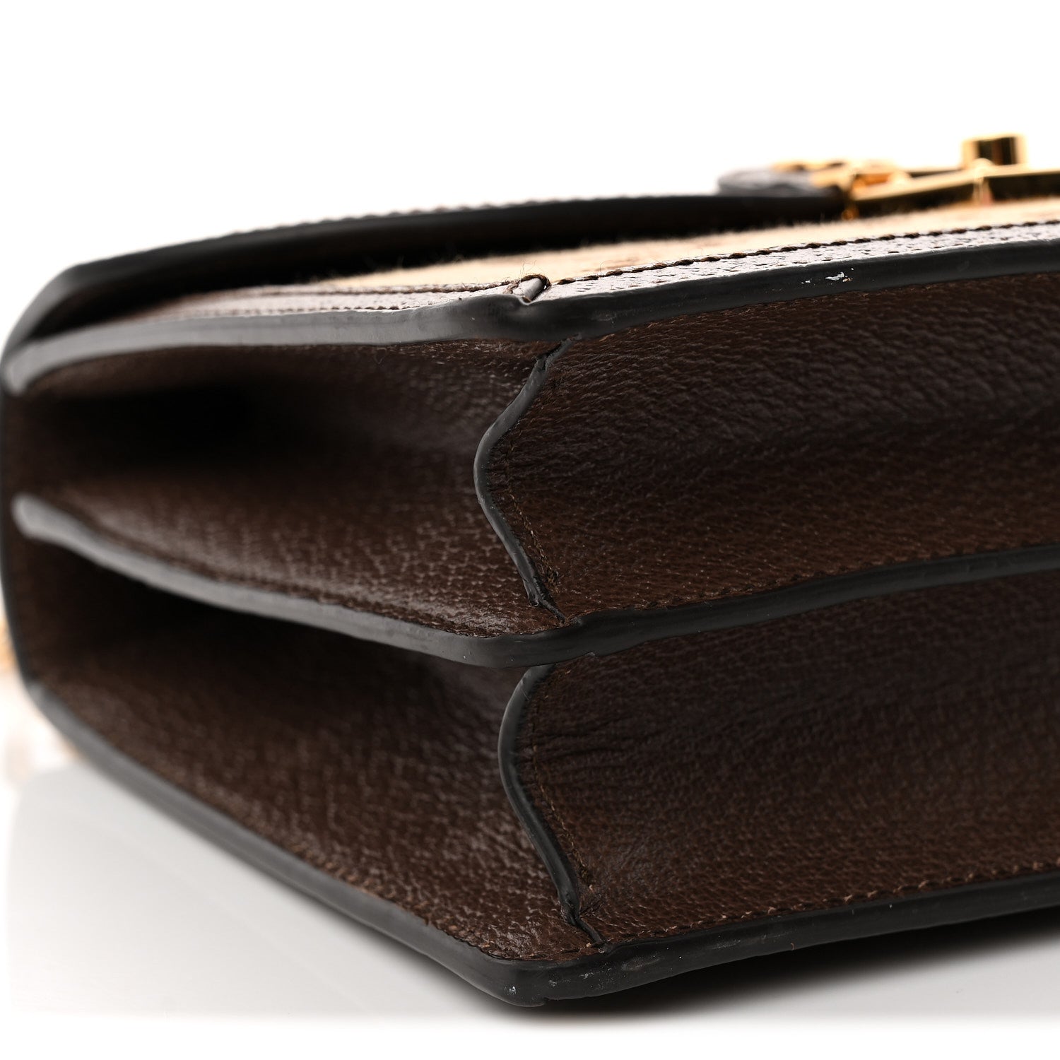 Gucci Monogram Jumbo GG Textured Dollar Calfskin Web Small Ophidia Padlock Top Handle Bag Camel Ebony New Acero