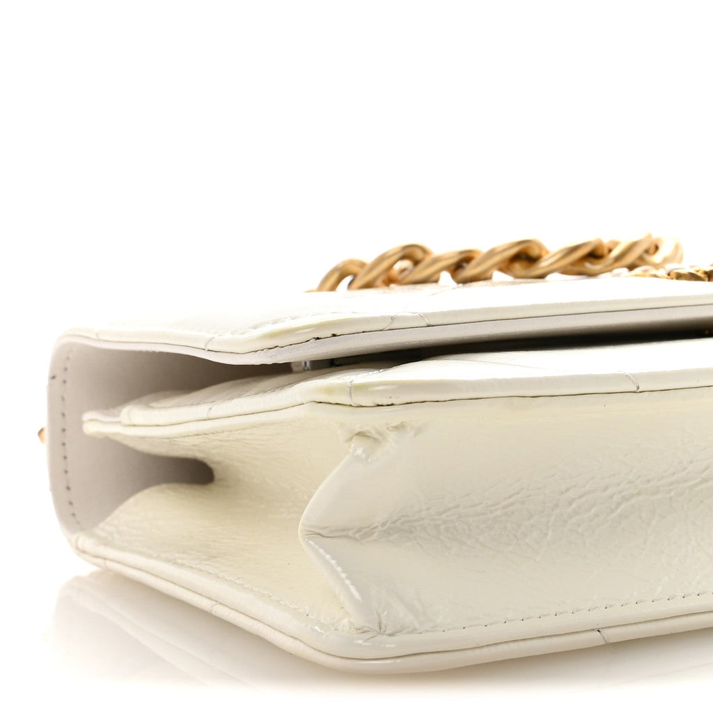 Chanel Shiny Crumpled Calfskin Quilted Chanel 19 Wallet On Chain WOC White