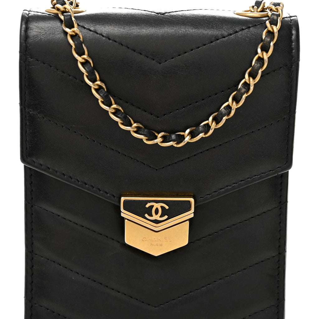 Calfskin Chevron Quilted Medal Mini Clutch With Chain  Black