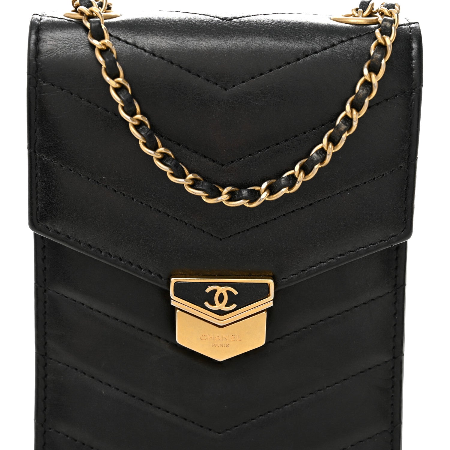 Calfskin Chevron Quilted Medal Mini Clutch With Chain  Black