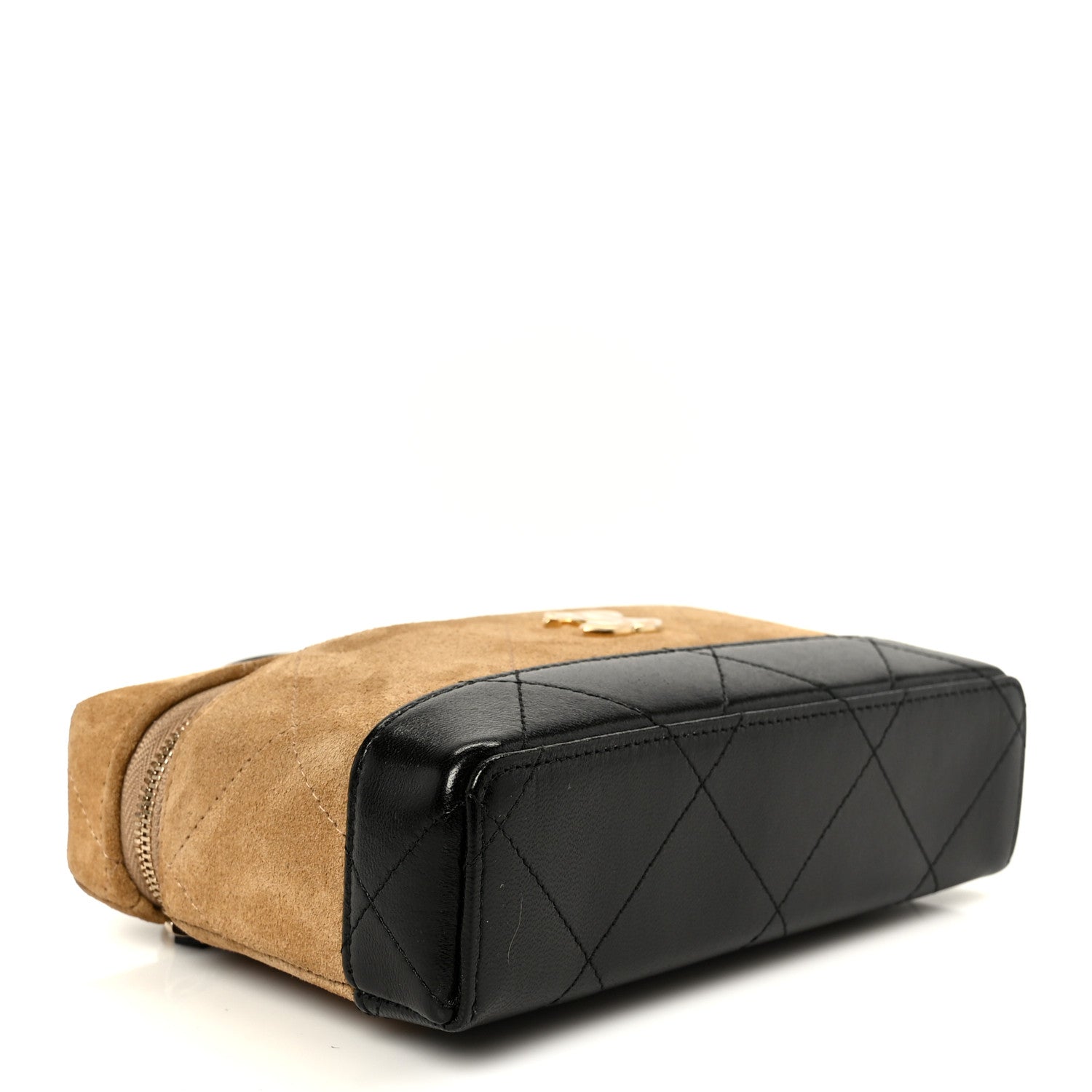 Chanel Suede Calfskin Shiny Lambskin Stitched Top Handle Slim Vanity Case With Chain Beige Black