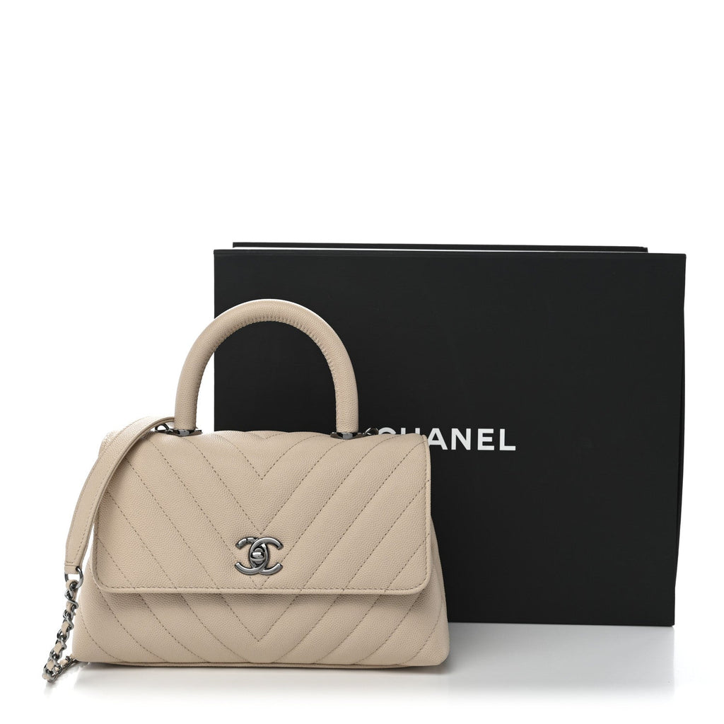 Chanel Caviar Chevron Quilted Mini Coco Handle Flap Beige