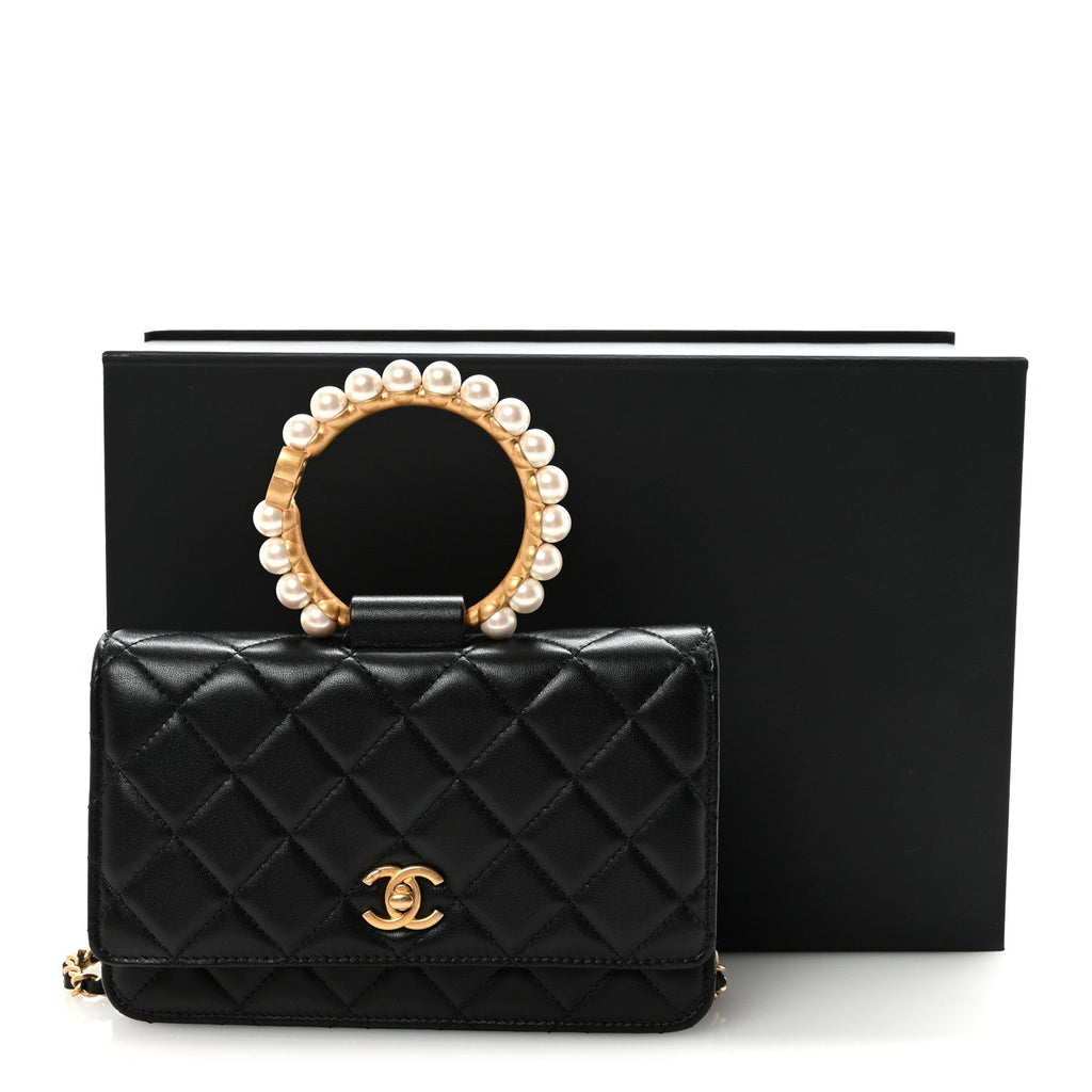 Chanel Lambskin Quilted Pearl Crown Wallet On Chain WOC Black