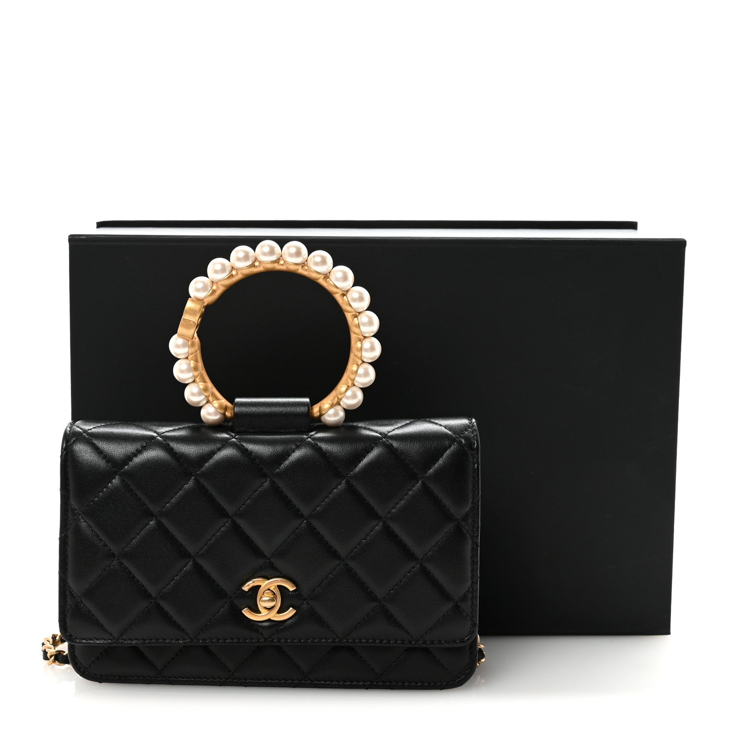 Chanel Lambskin Quilted Pearl Crown Wallet On Chain WOC Black