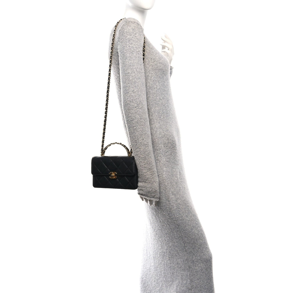 Chanel Shiny Calfskin Quilted Mini Metal Top Handle Flap Black