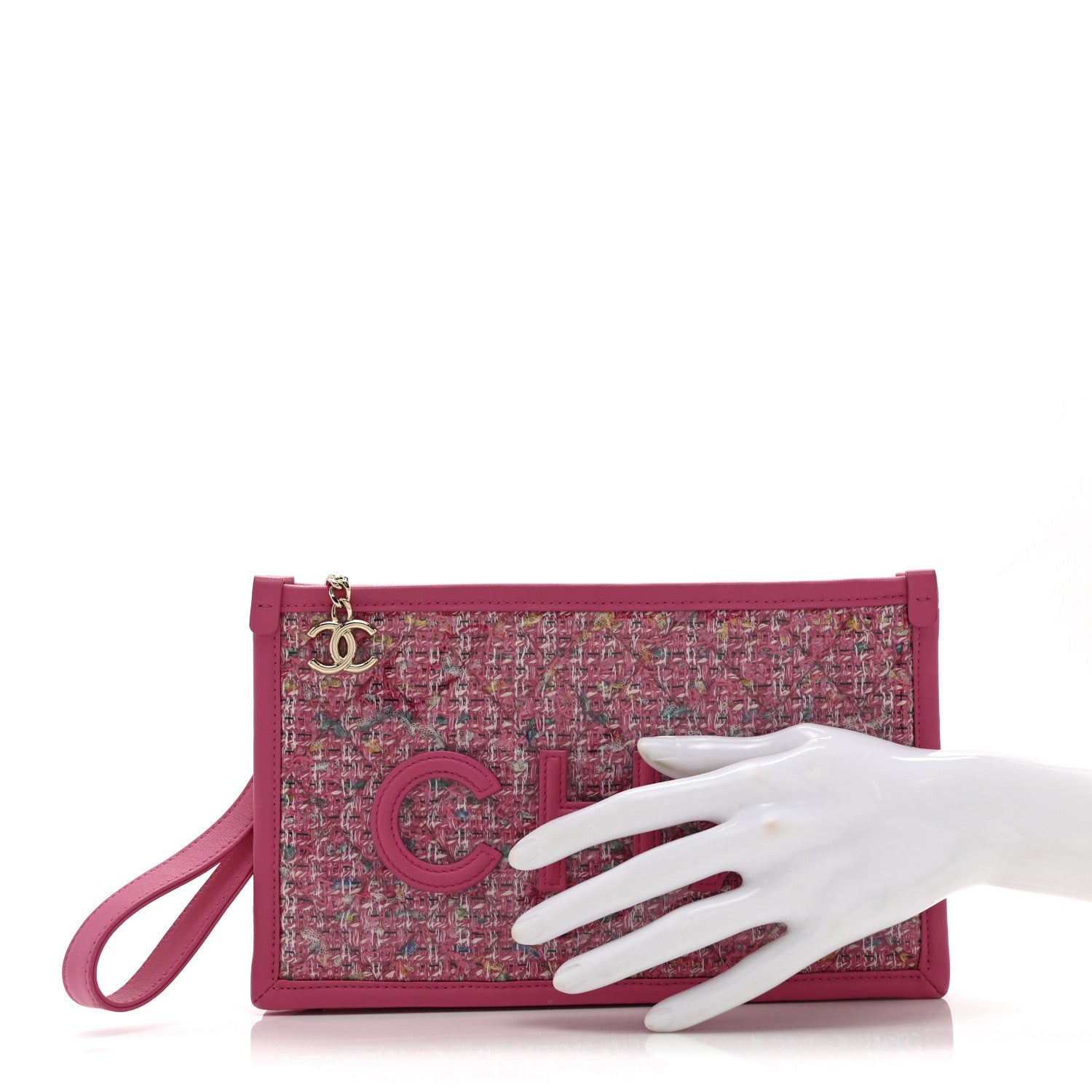 Chanel Tweed PVC Lambskin Wristlet Pouch Pink