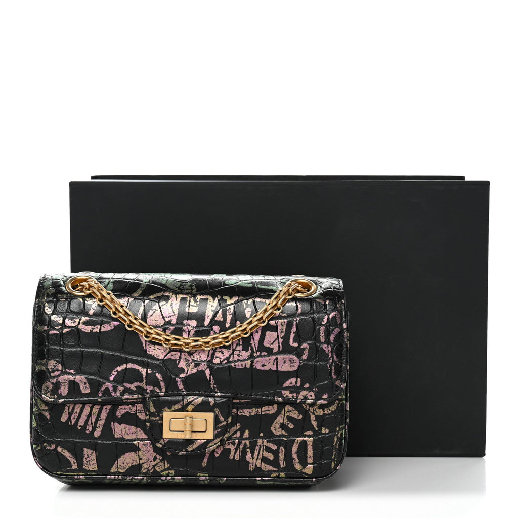Chanel Calfskin Crocodile Embossed Graffiti 2.55 Mini Cocodile Reissue Flap Black Pink