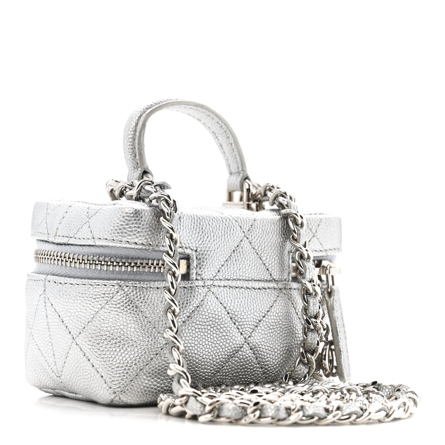 Chanel Metallic Caviar Quilted Mini Top Handle Vanity With Chain Silver