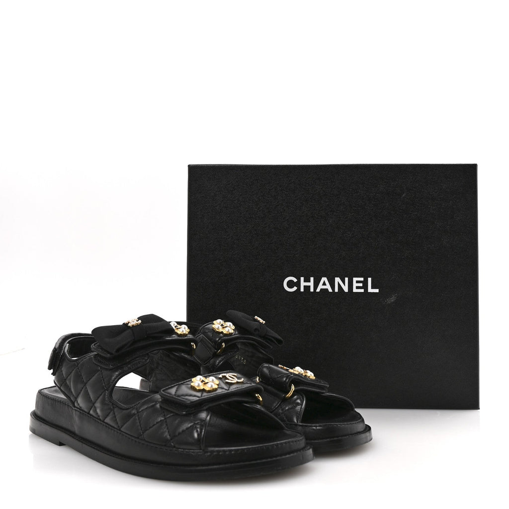 Lambskin Velcro CC Pearl Bow Dad Sandals 38 Black