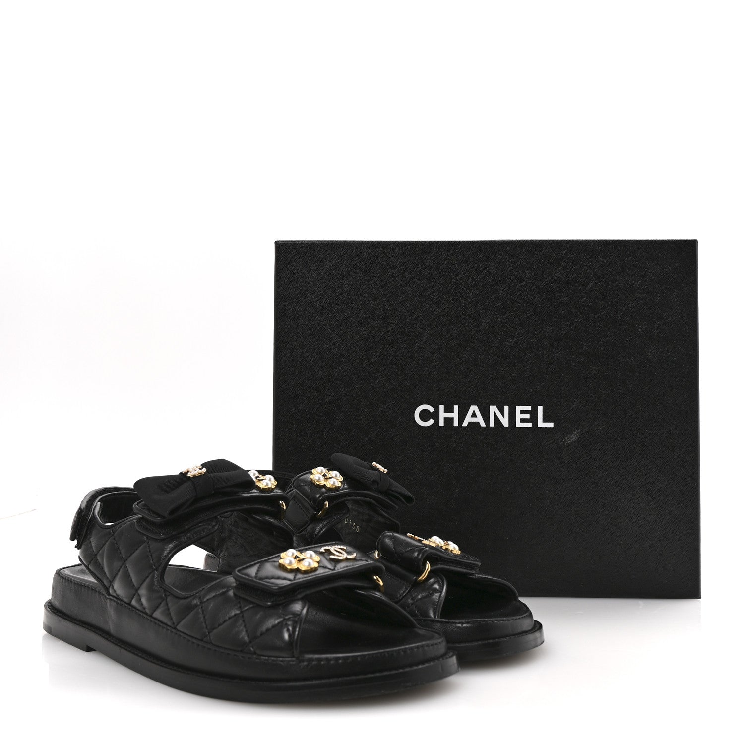 Lambskin Velcro CC Pearl Bow Dad Sandals 38 Black