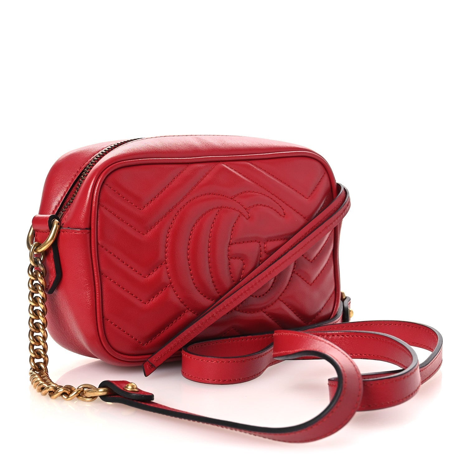 Gucci Calfskin Matelasse Mini GG Marmont Chain Shoulder Bag Hibiscus Red