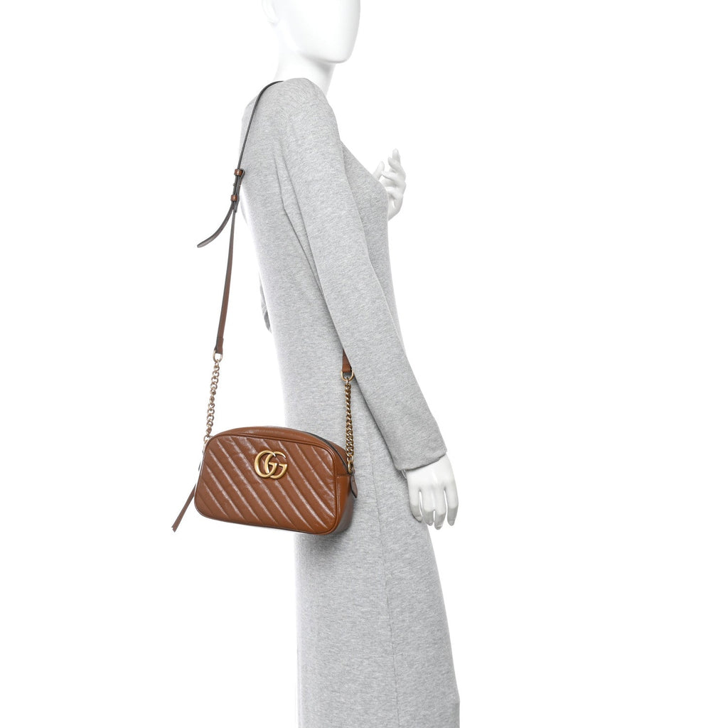 Gucci Glazed Calfskin Matelasse Diagonal Small GG Marmont Chain Shoulder Bag Cuir
