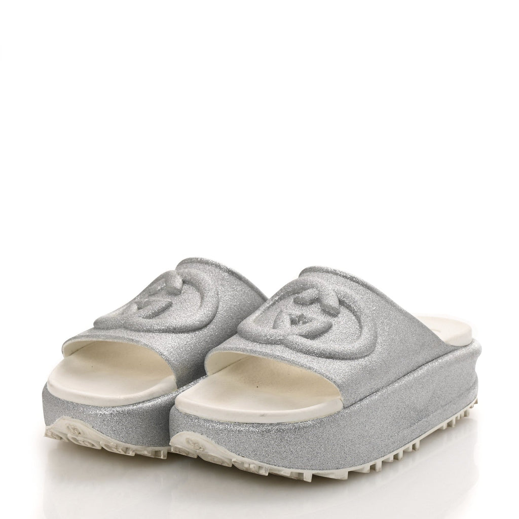 Gucci Glitter Rubber Womens Interlocking G Platform 42mm Slide Sandals 40 Silver