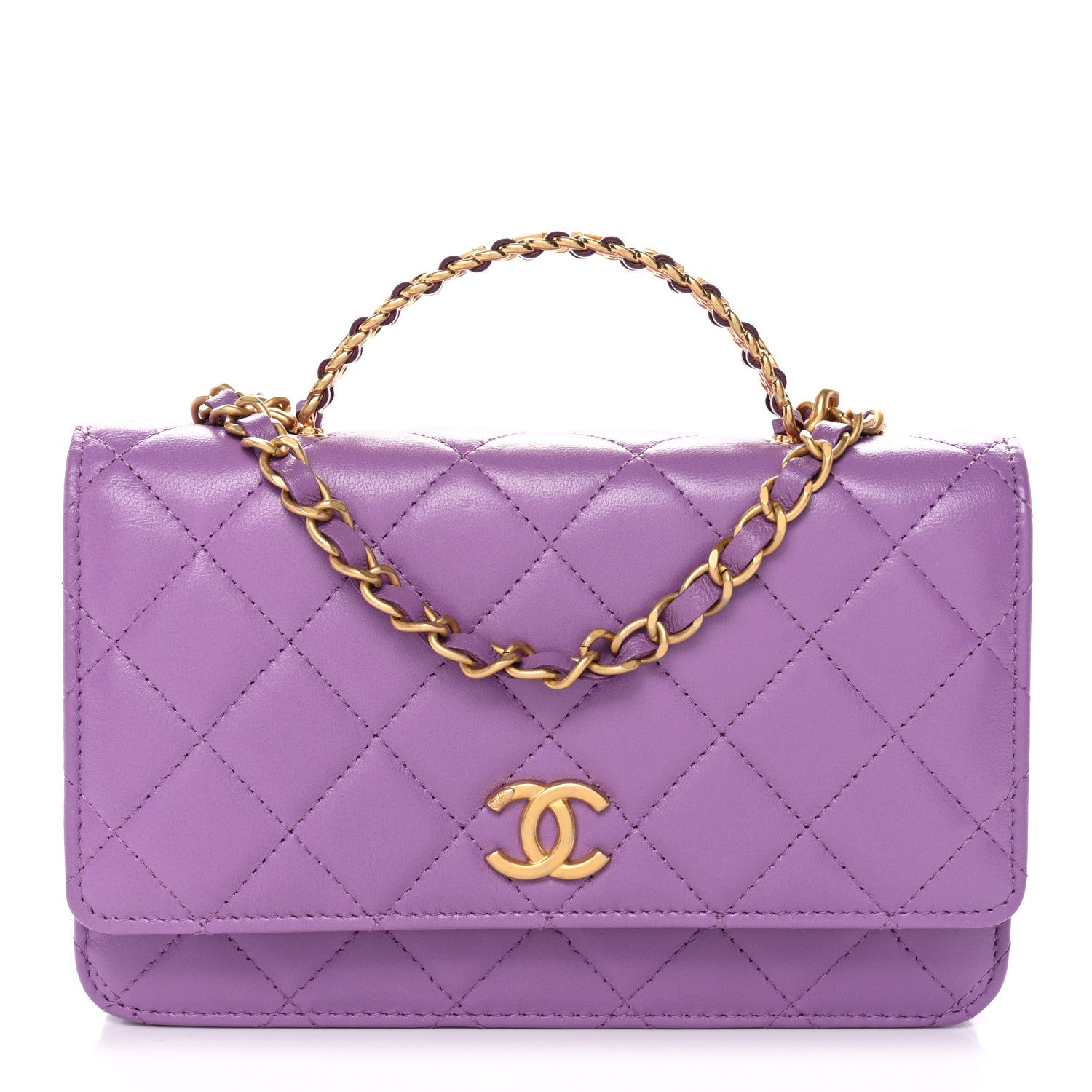 Chanel Lambskin Quilted Pick Me Up Wallet On Chain WOC Purple