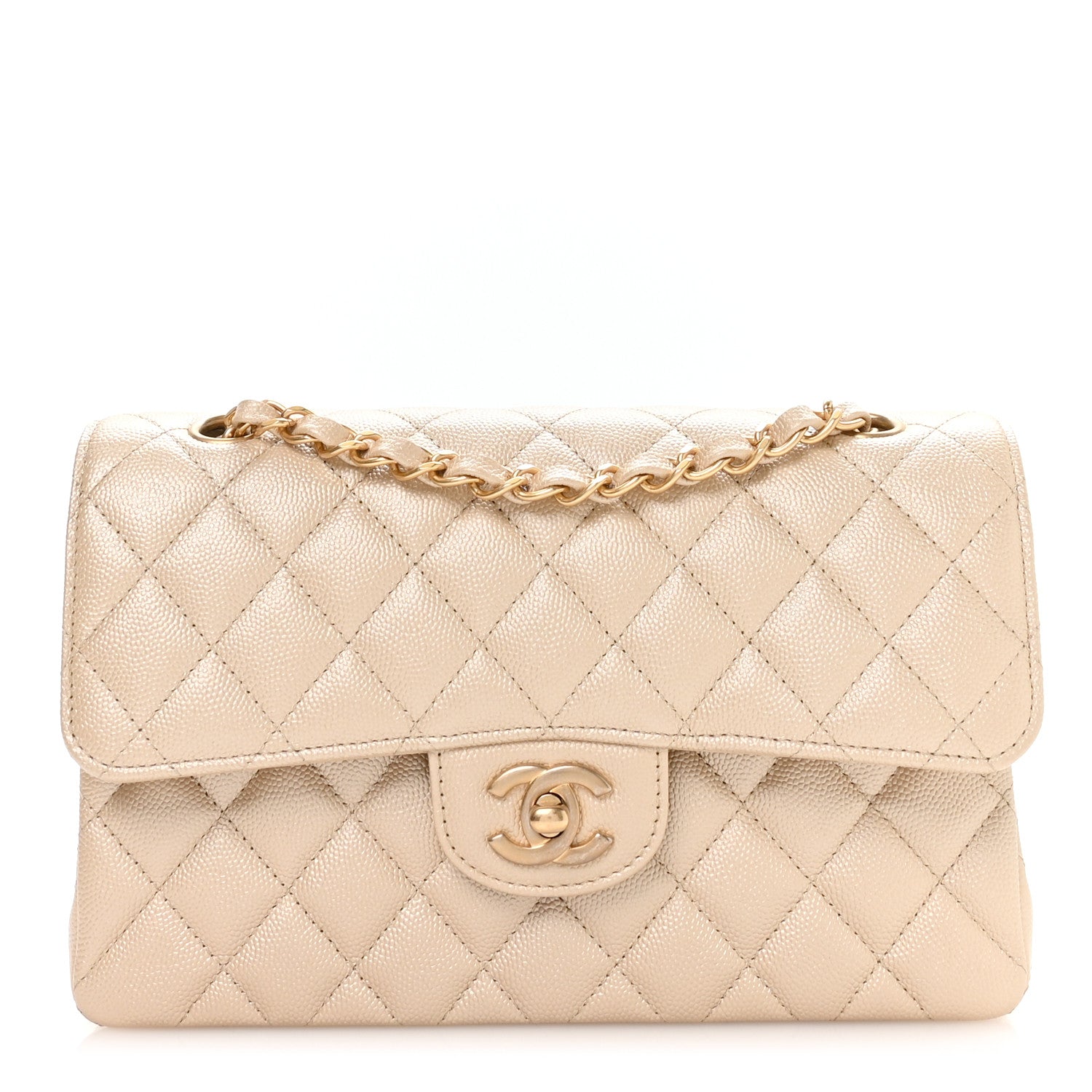 Chanel Metallic Caviar Quilted Small Double Flap Beige
