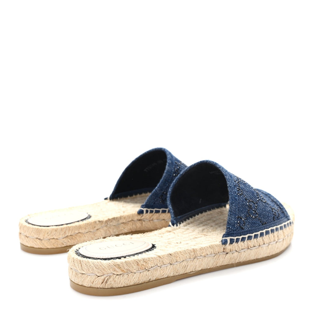 Gucci Denim Crystals GG Monogram Espadrille 20mm Slide Sandals 39 Denim