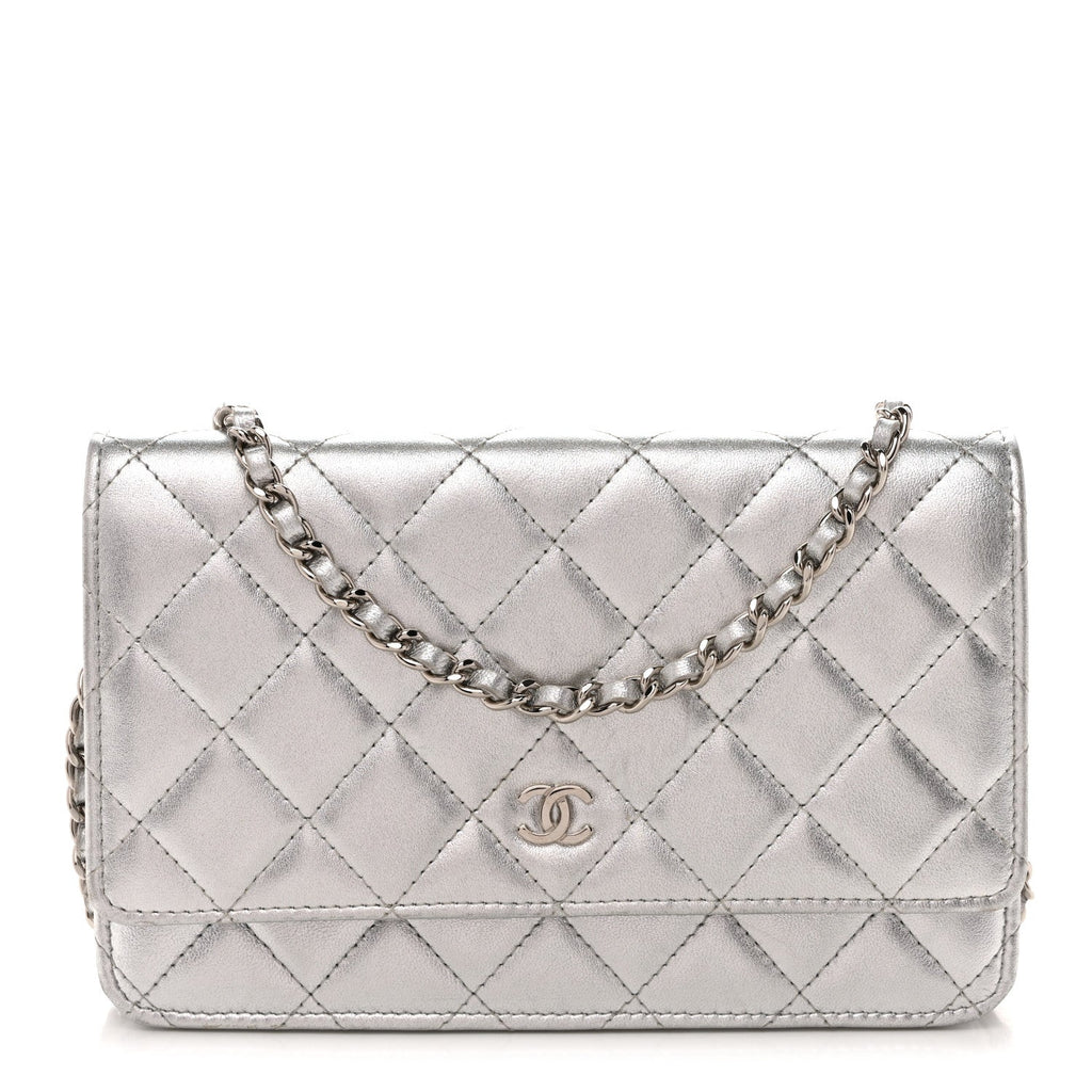 Chanel Metallic Lambskin Quilted Wallet On Chain WOC Silver