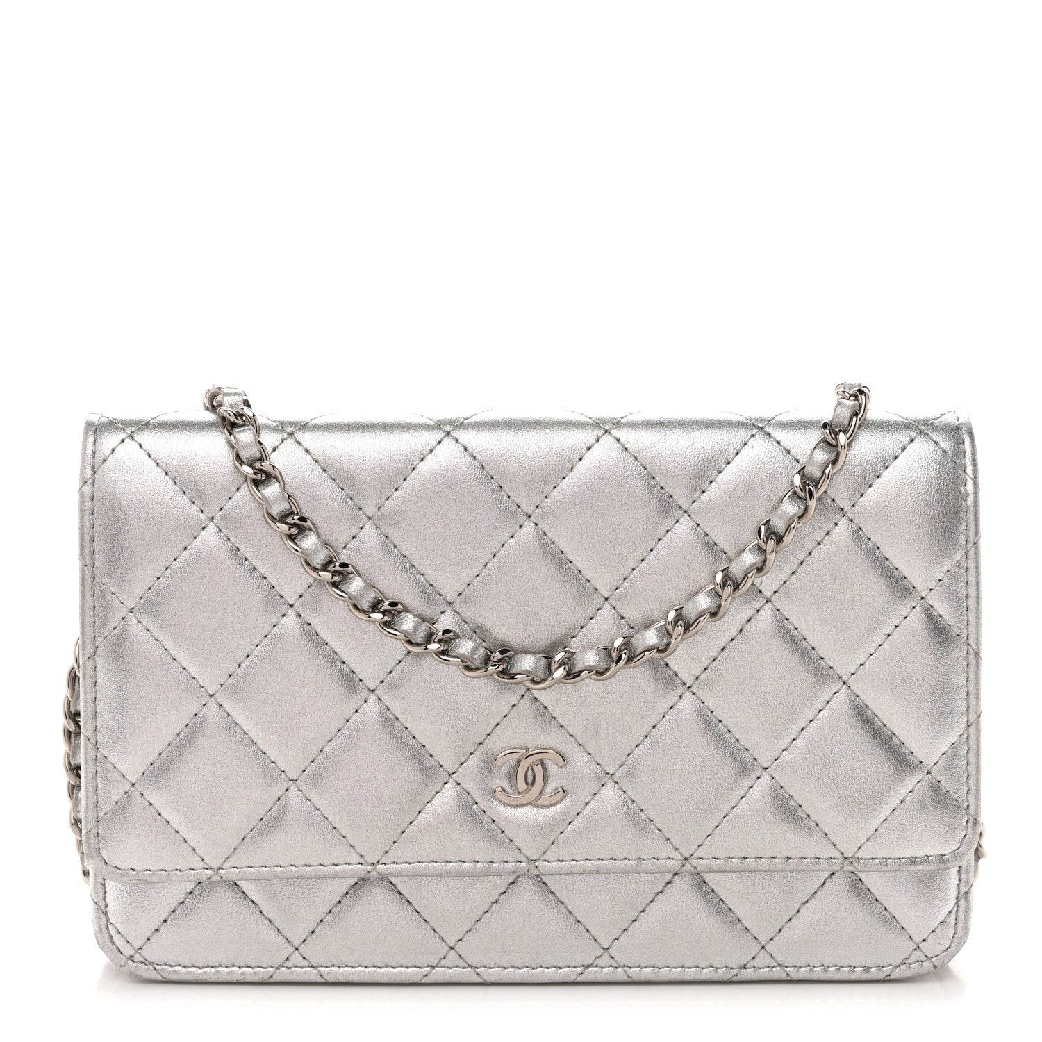 Chanel Metallic Lambskin Quilted Wallet On Chain WOC Silver