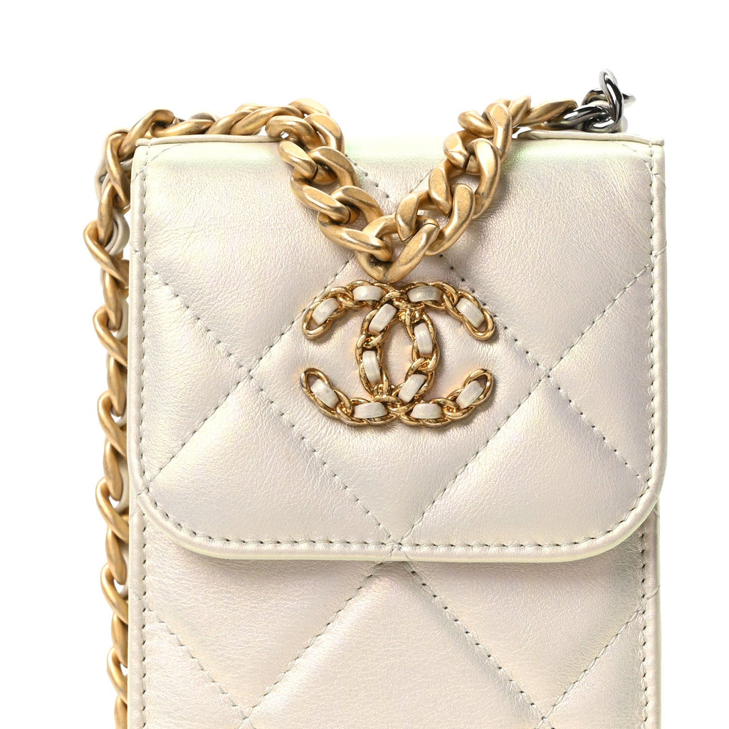 Iridescent Calfskin Quilted Chanel 19 Phone Holder With Chain White