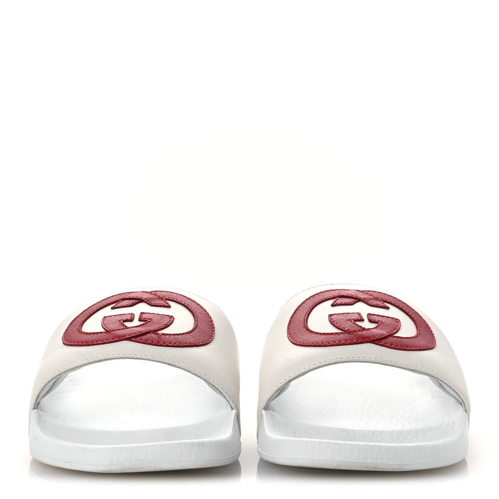 Gucci Nappa Miro Soft Calfskin Interlocking G Mens Slide Sandals 6 White Hibiscus Red