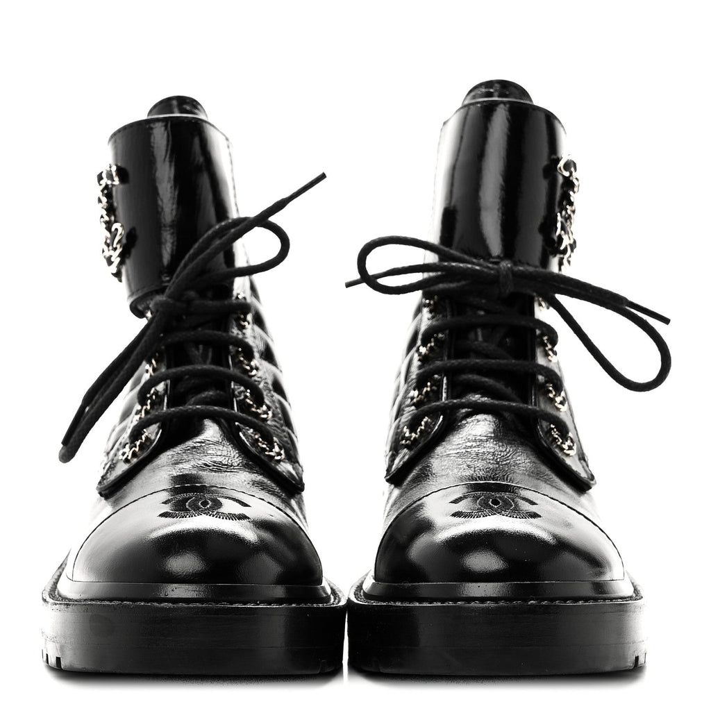 Chanel Shiny Lambskin Quilted Lace Up Combat Boots 38.5 Black