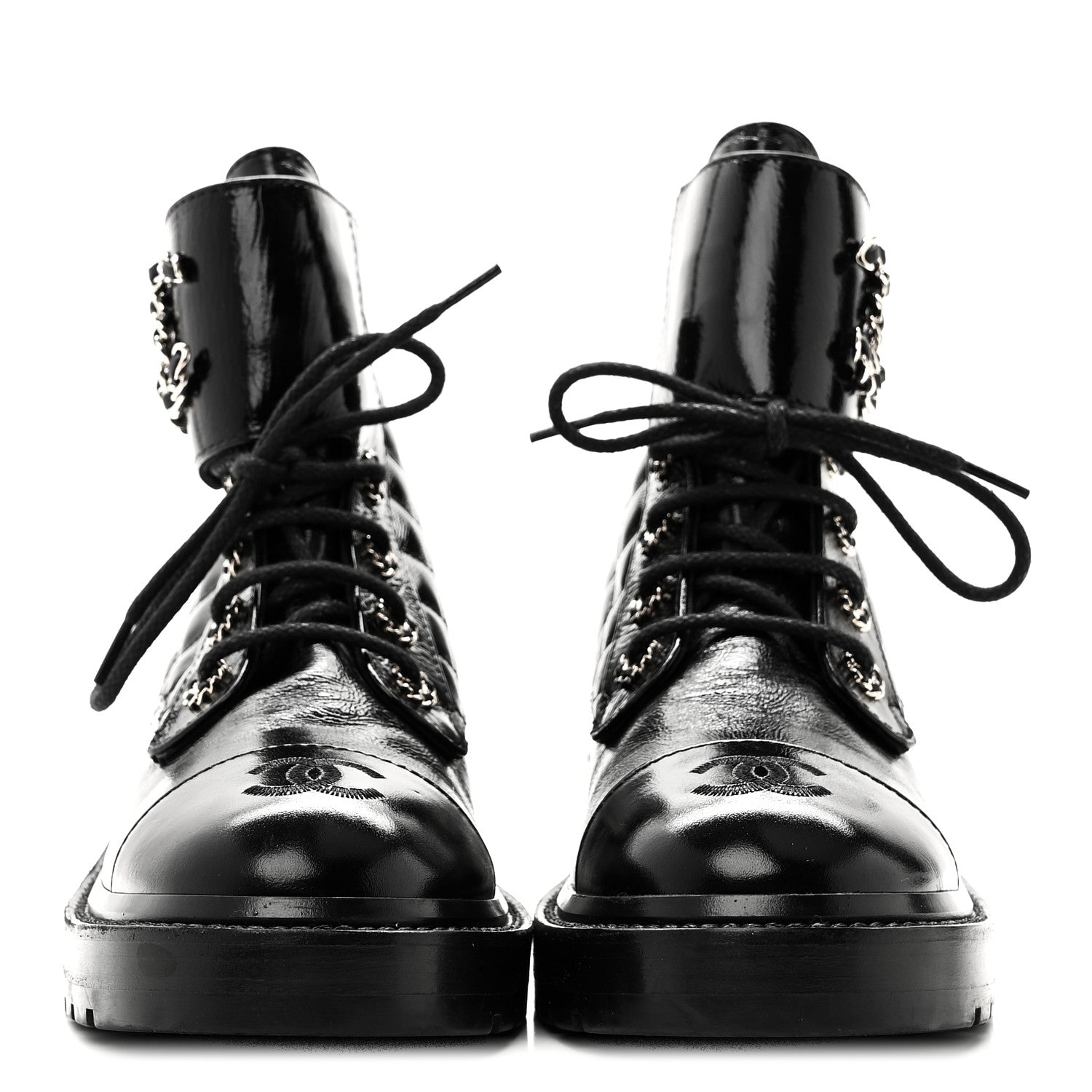 Chanel Shiny Lambskin Quilted Lace Up Combat Boots 38.5 Black