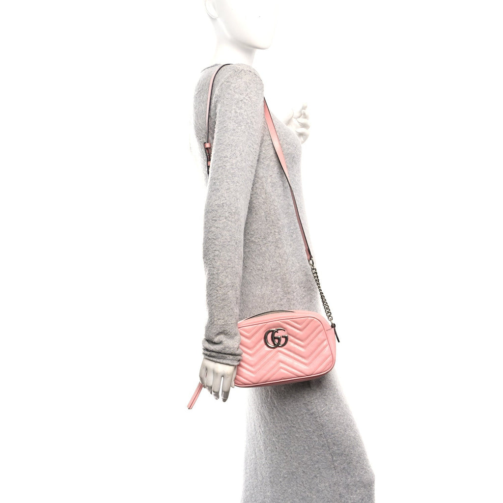 Gucci Calfskin Matelasse Small GG Marmont Chain Shoulder Bag Wild Rose