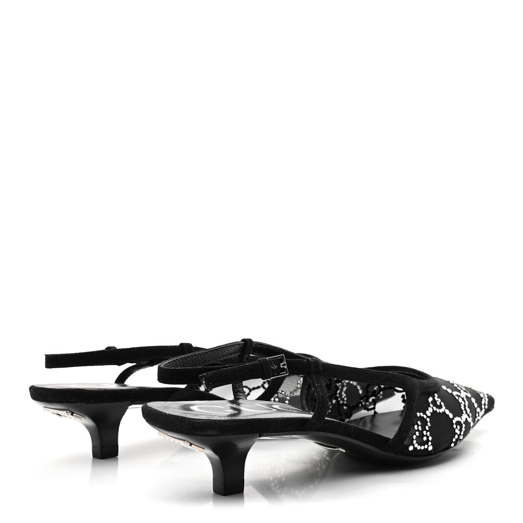 Gucci Tela Retino Kid Scamosciato Crystal GG Monogram Square G 35mm Slingback Pumps 35.5 Black