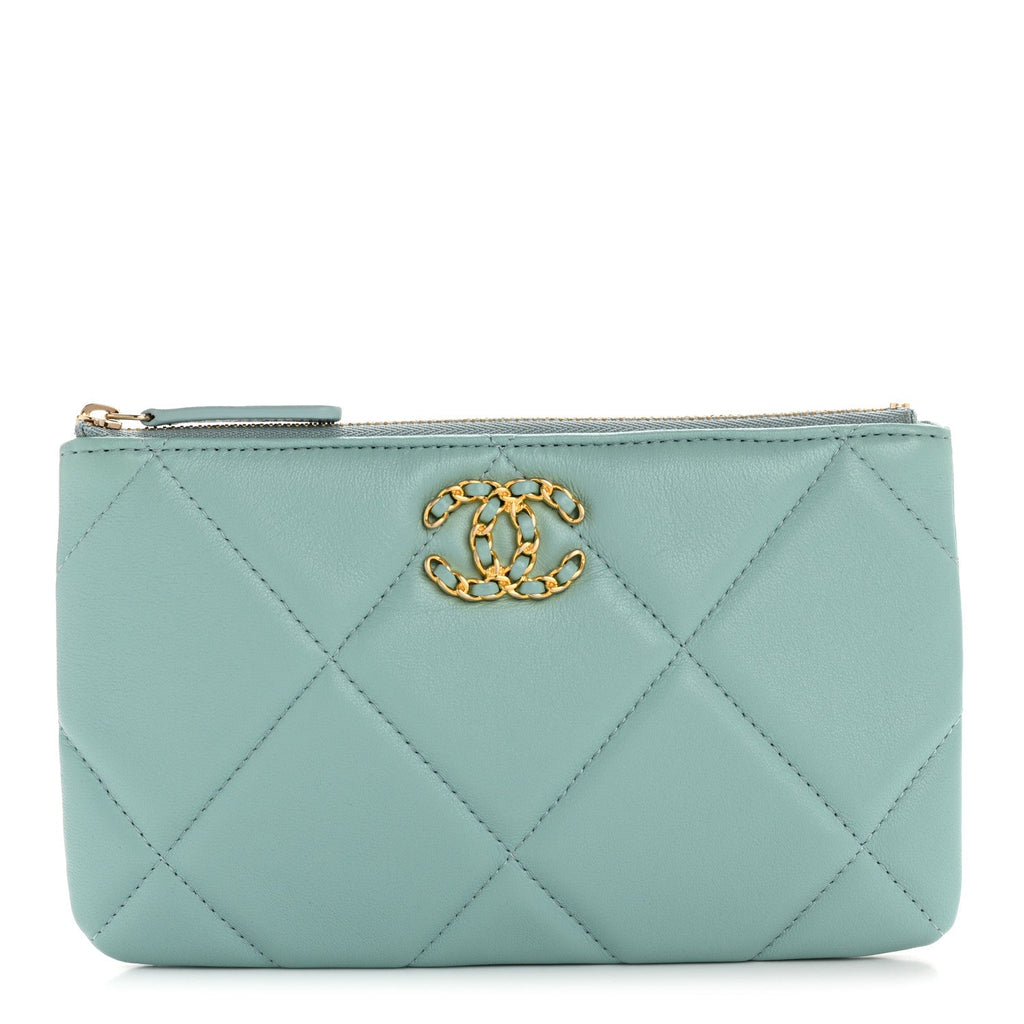 Goatskin Quilted Small Chanel 19 Pouch Light Blue