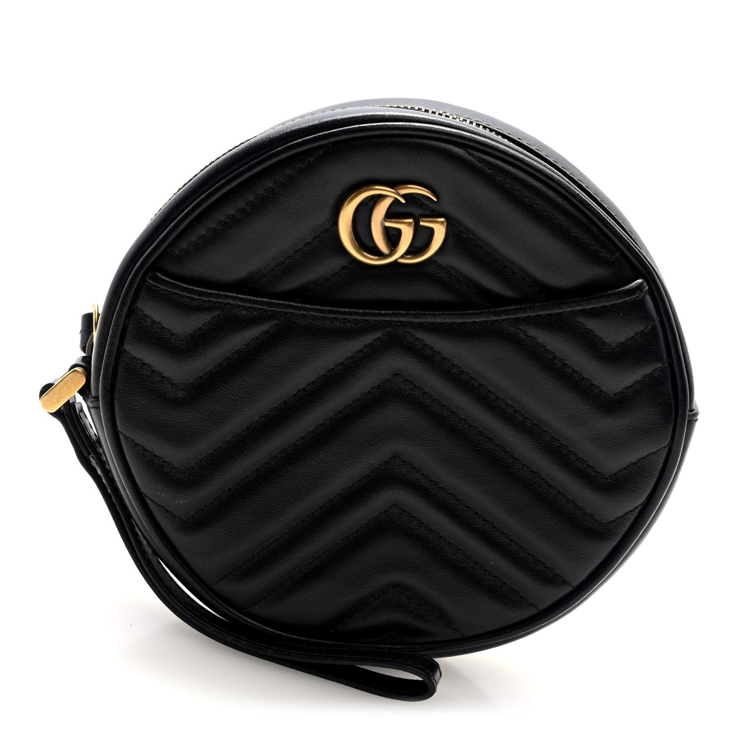 Gucci Calfskin Matelasse GG Marmont Round Wrist Wallet Black