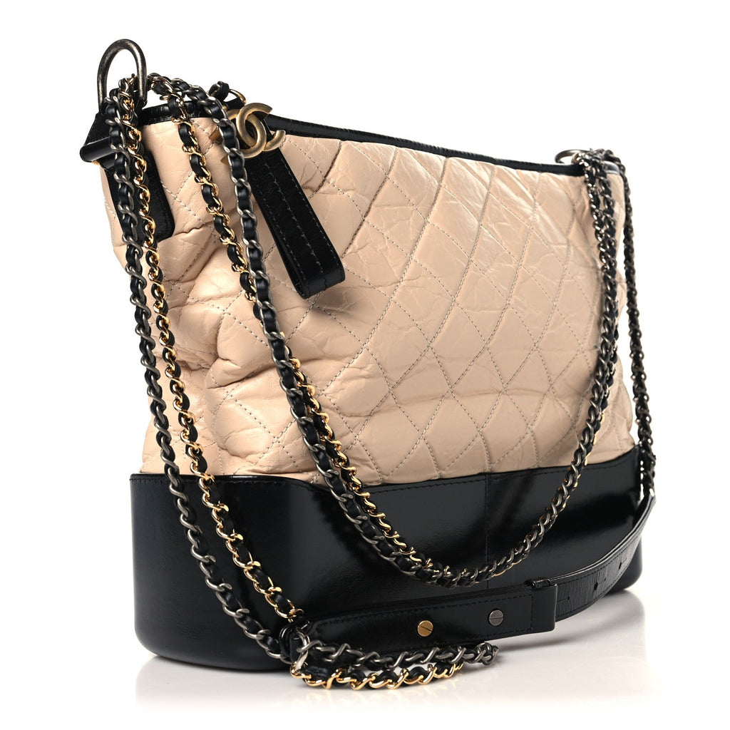 Chanel Aged Calfskin Quilted Medium Gabrielle Hobo Beige Black