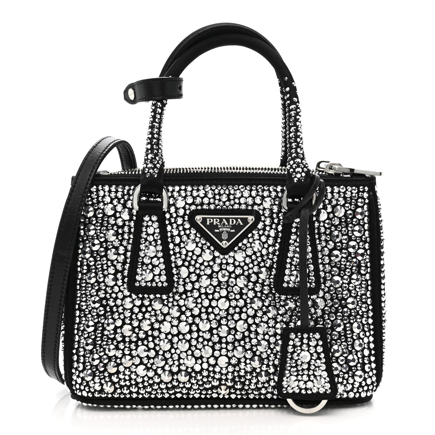 Prada Satin Crystal Mini Galleria Double Zip Tote Metal