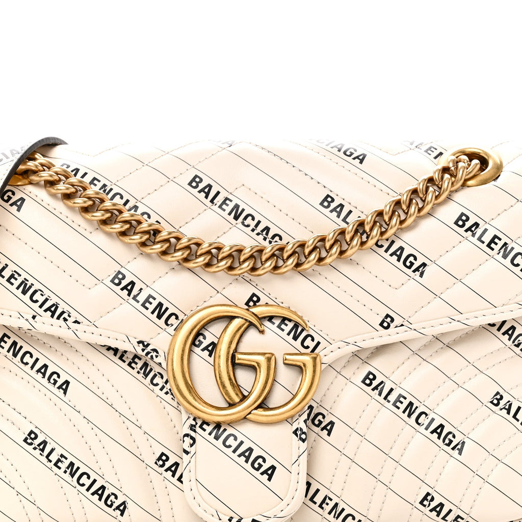 Gucci X BALENCIAGA Calfskin Matelasse Logo Print Small GG Marmont Shoulder Bag White