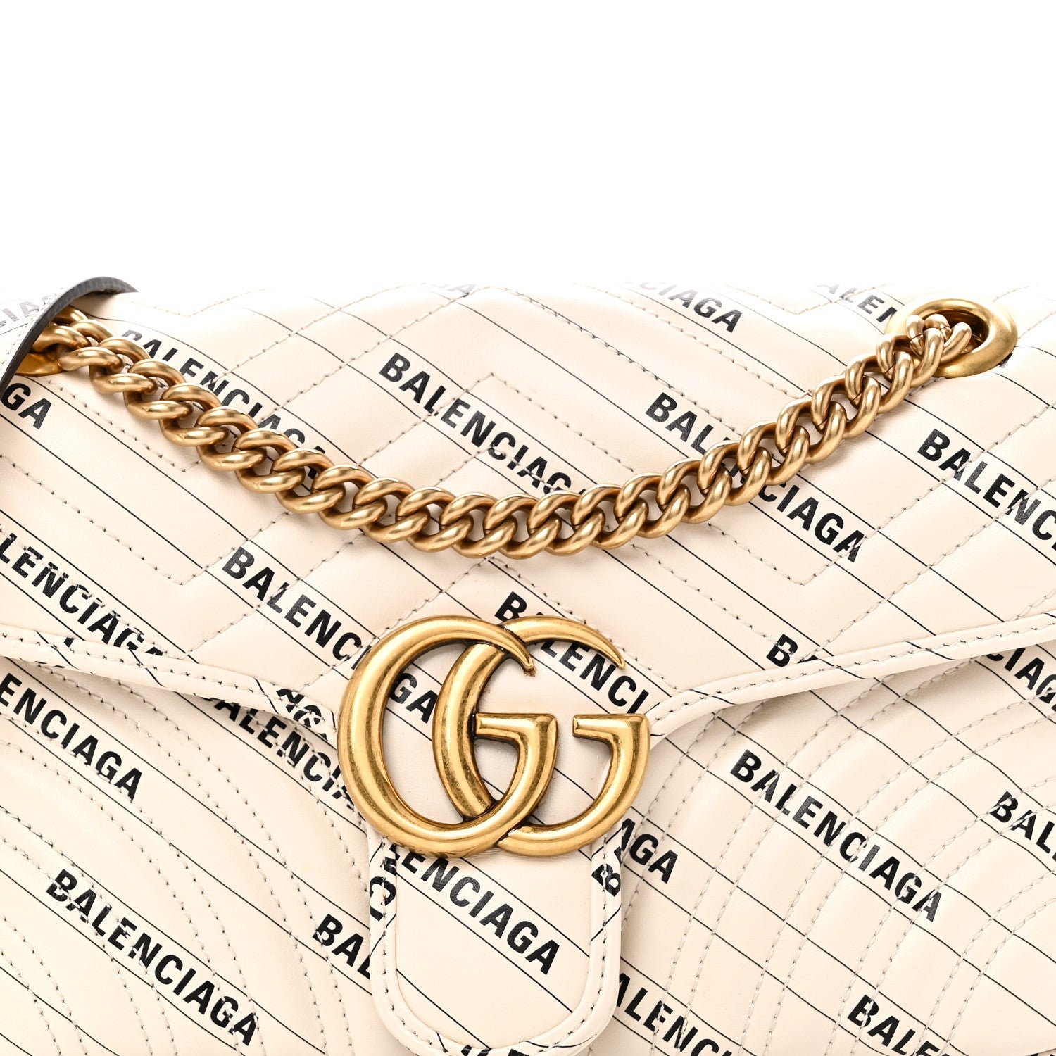 Gucci X BALENCIAGA Calfskin Matelasse Logo Print Small GG Marmont Shoulder Bag White