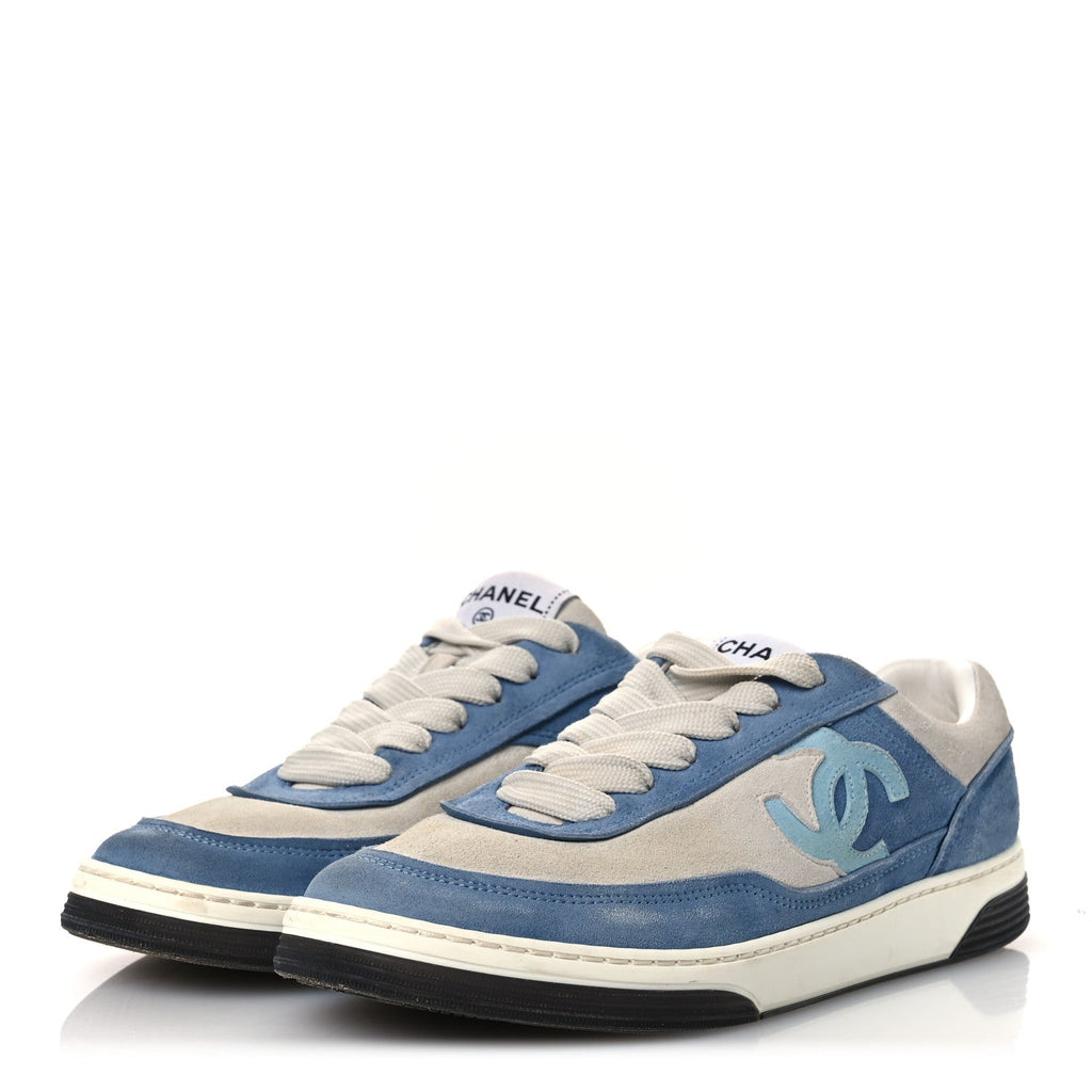 Chanel Suede Kidskin Womens CC Sneakers 37 White Blue