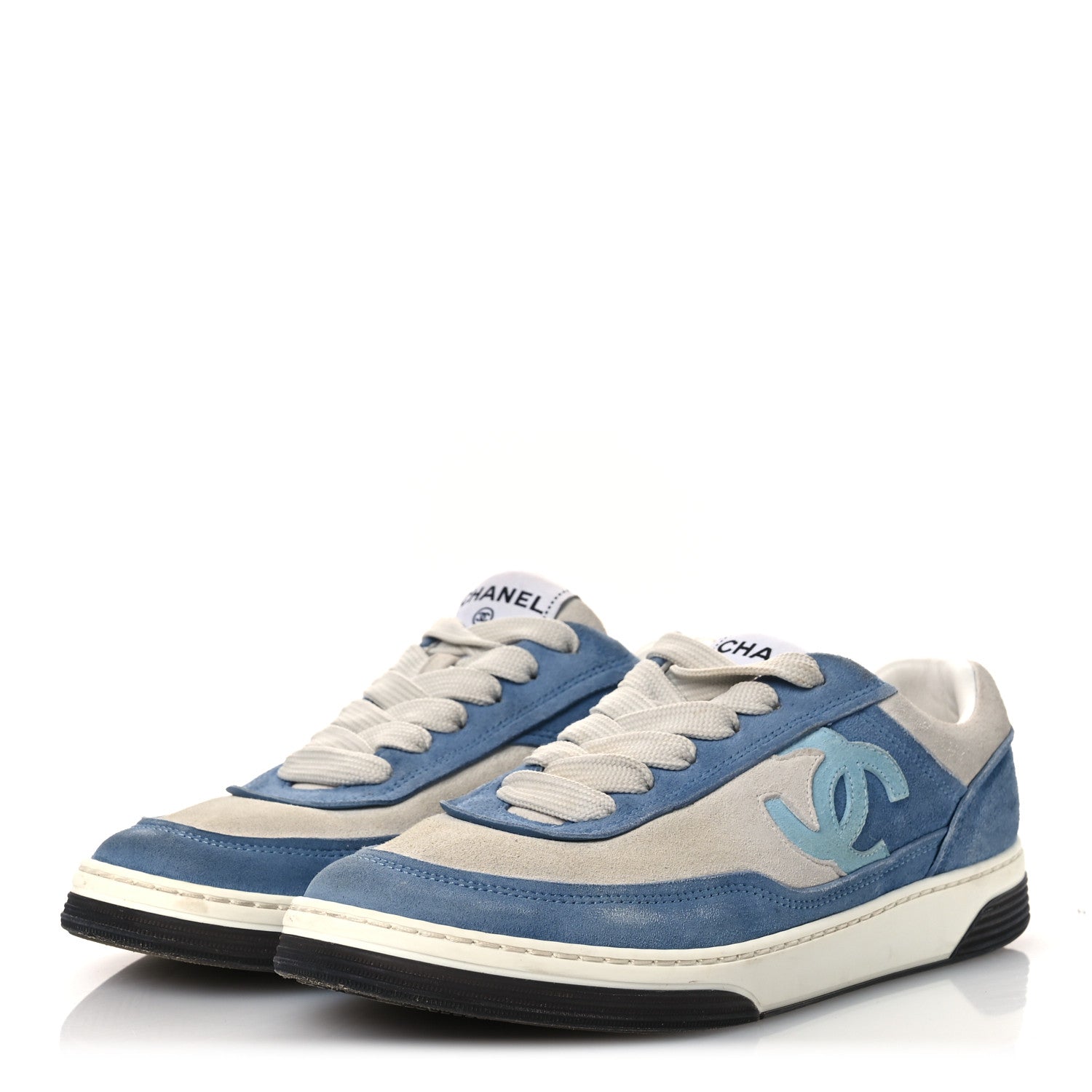 Chanel Suede Kidskin Womens CC Sneakers 37 White Blue