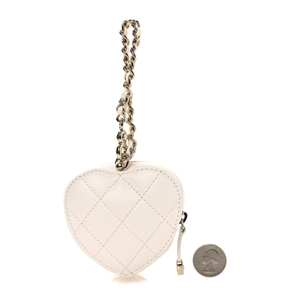 Lambskin Quilted CC Mini In Love Heart Bag Charm White