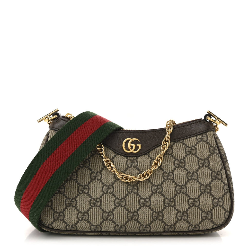 Gucci GG Supreme Monogram Textured Dollar Calfskin Web Small Ophidia GG Handbag Beige Ebony New Acero