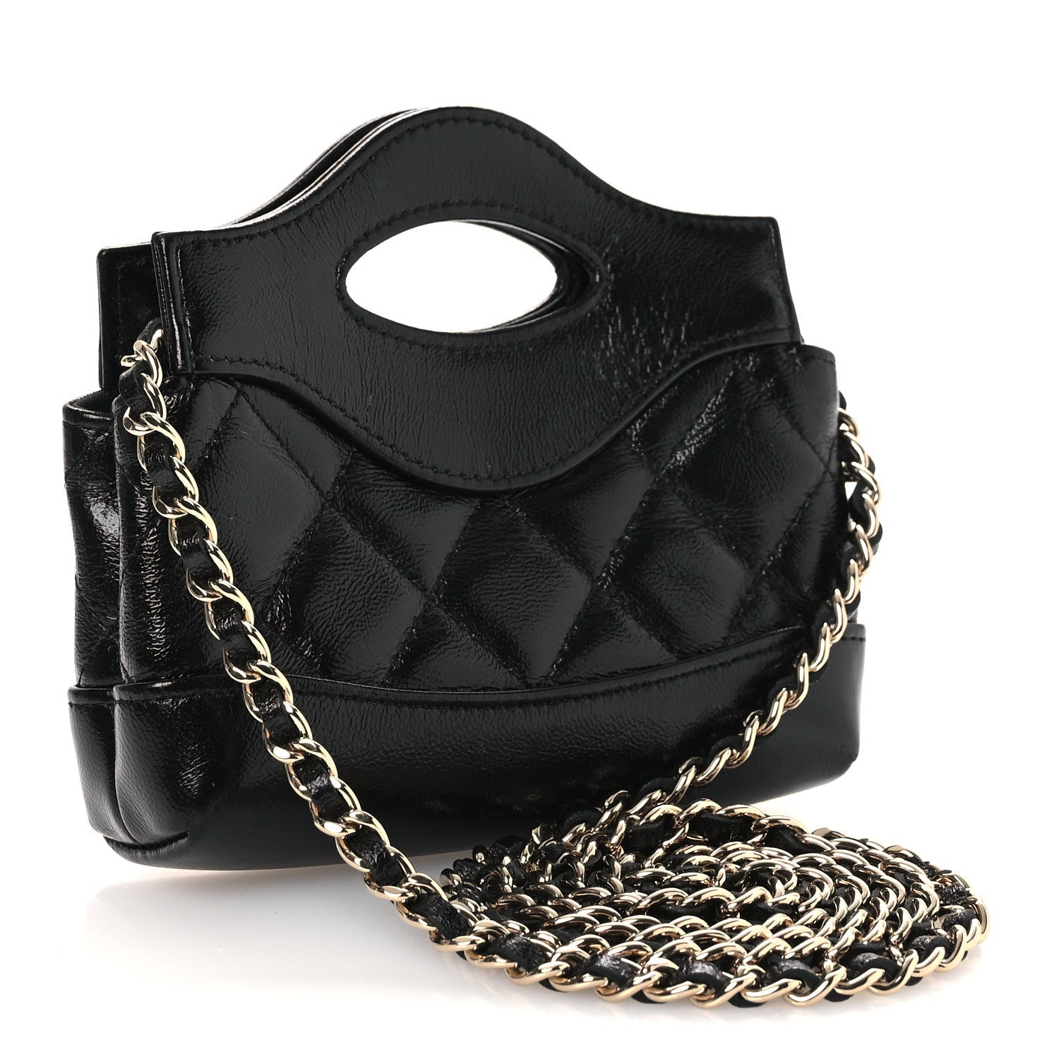 Chanel Shiny Lambskin Quilted Micro 31 Clutch With Chain Black