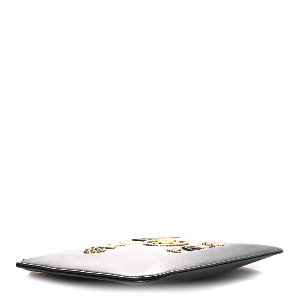 Chanel Shiny Calfskin Crystal Pearl Logo Cosmetic Case Black