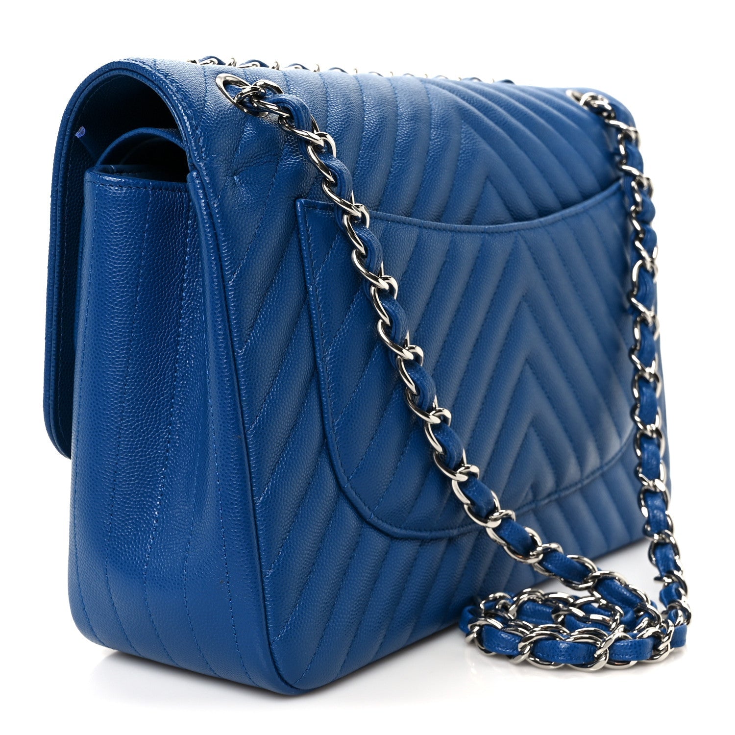 Chanel Caviar Chevron Quilted Jumbo Double Flap Blue