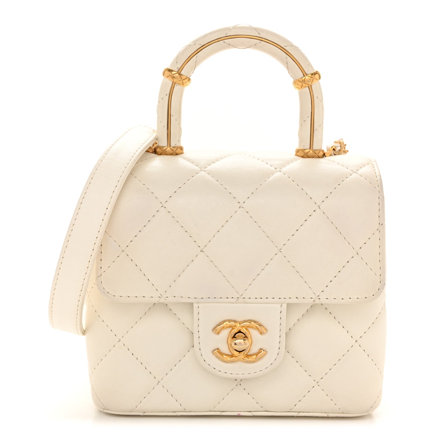 Chanel Lambskin Handle Crush Top Handle Flap Bag White