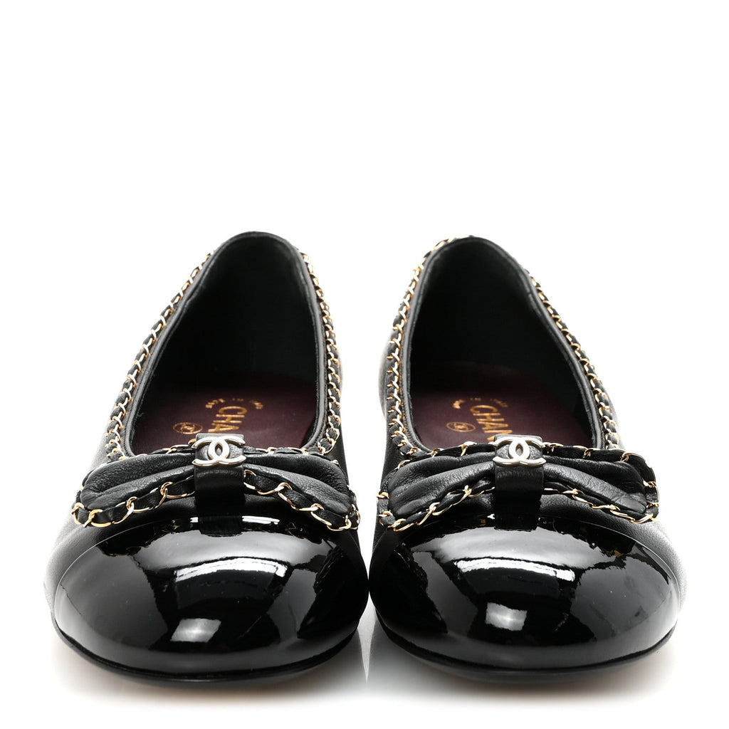 Lambskin Patent Cap Toe Chain Around Ballerina Flats 38.5 Black