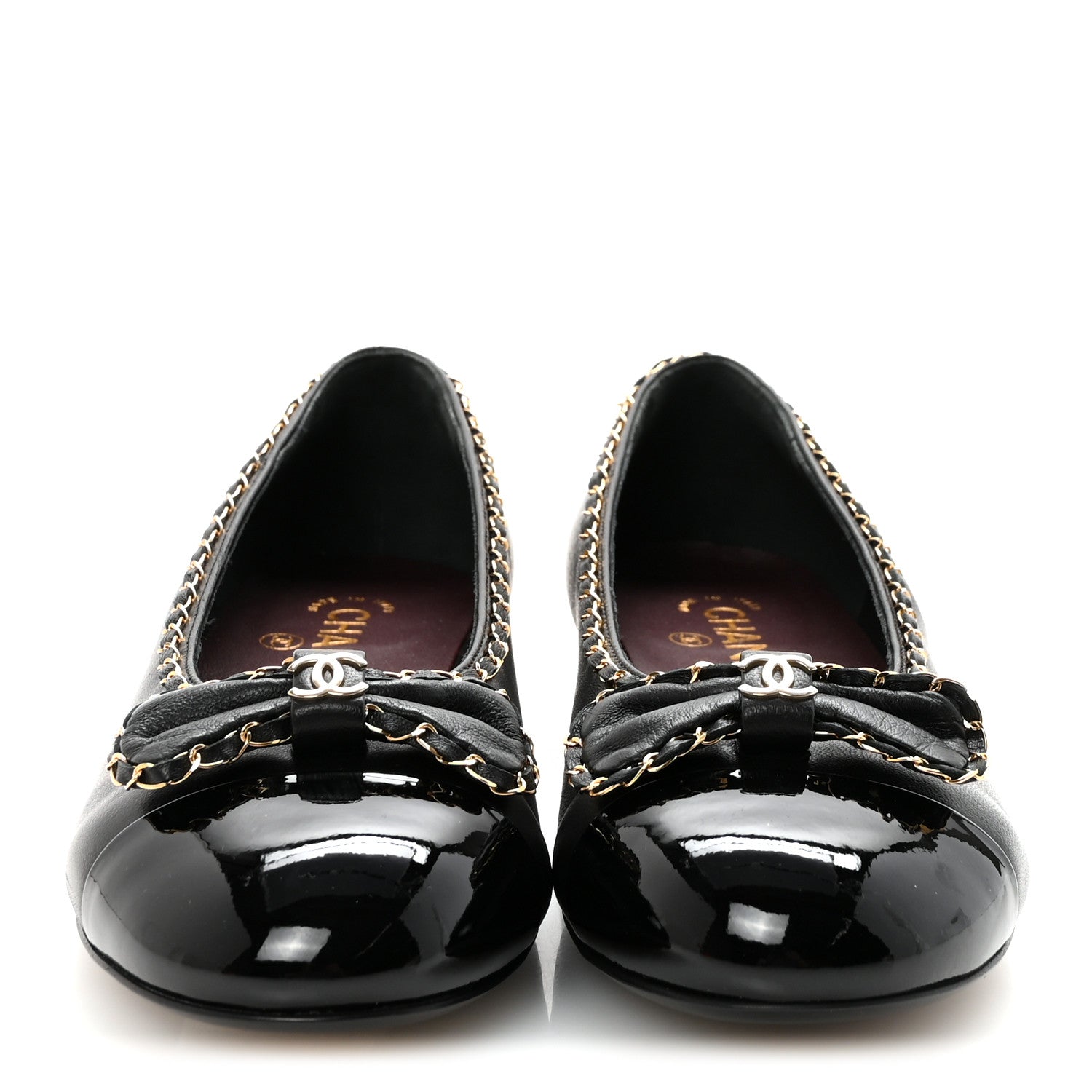 Lambskin Patent Cap Toe Chain Around Ballerina Flats 38.5 Black
