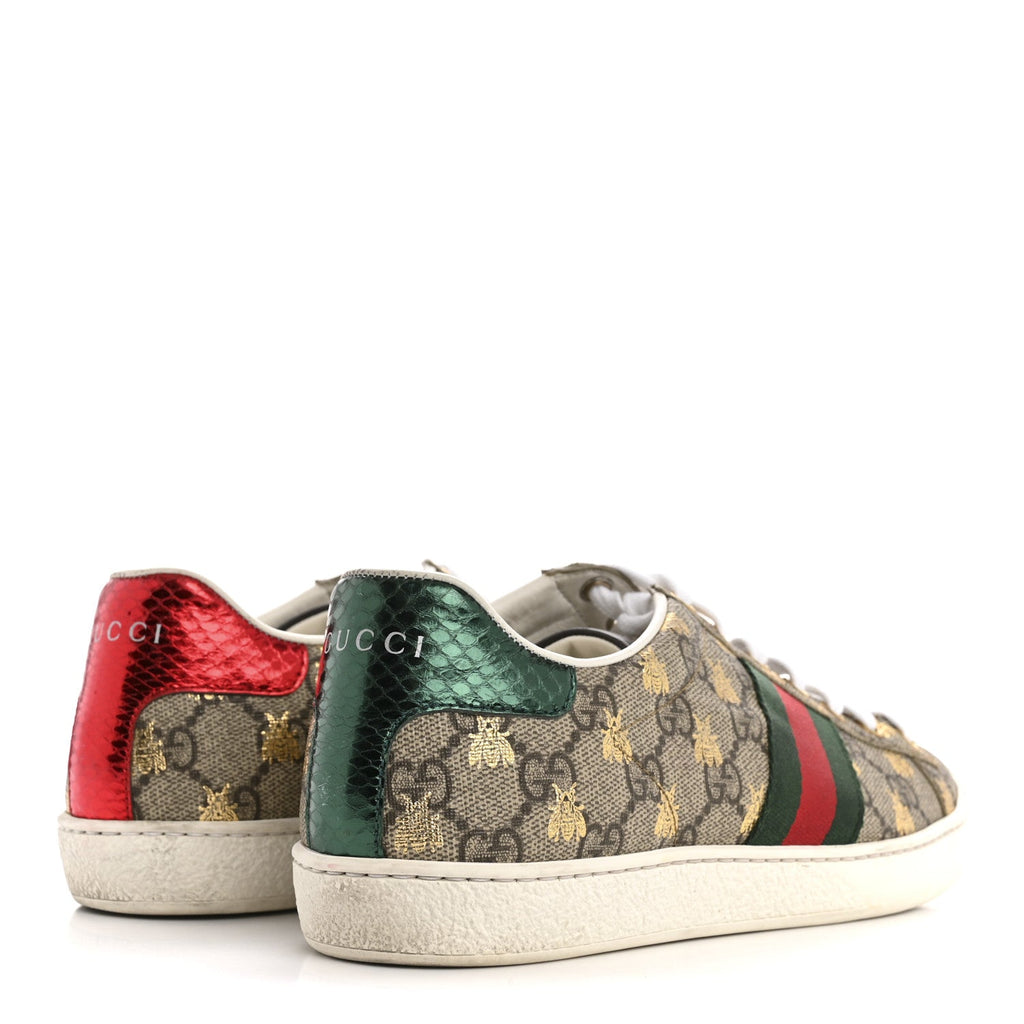 Gucci GG Supreme Monogram Bees Ayers Web Womens Ace Sneakers 37.5 Beige Oro Green Red