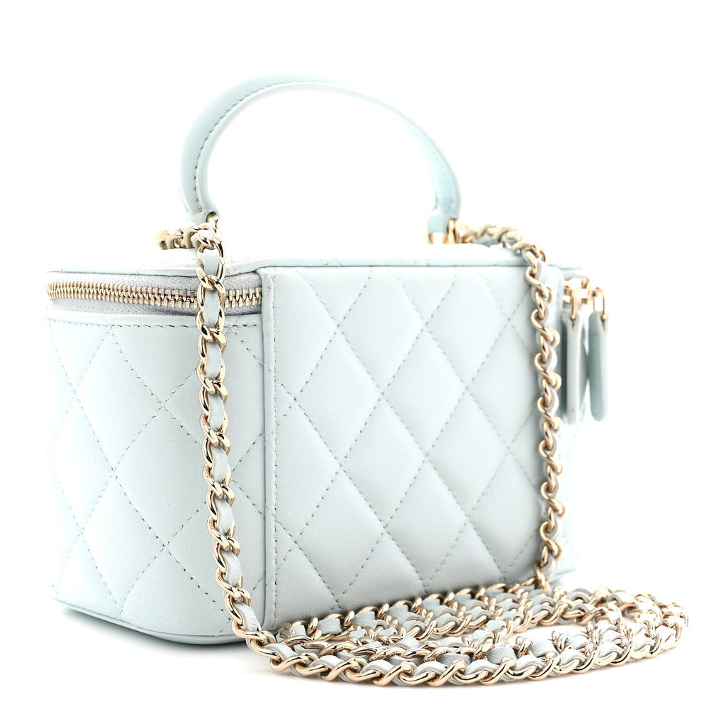 Chanel Lambskin Quilted Small Top Handle Vanity Case With Chain Light Blue