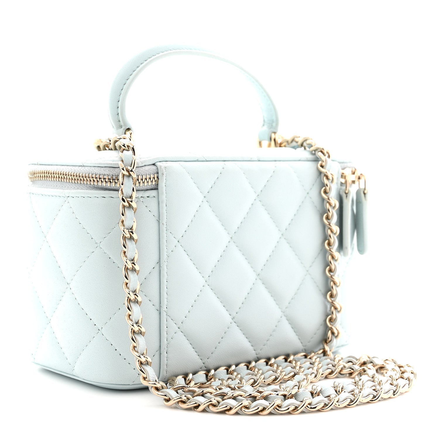 Chanel Lambskin Quilted Small Top Handle Vanity Case With Chain Light Blue