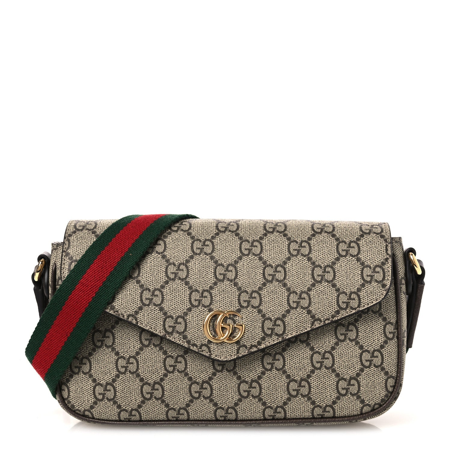Gucci GG Supreme Monogram Textured Dollar Calfskin Web Mini Ophidia Envelope Shoulder Bag Beige Ebony New Acero